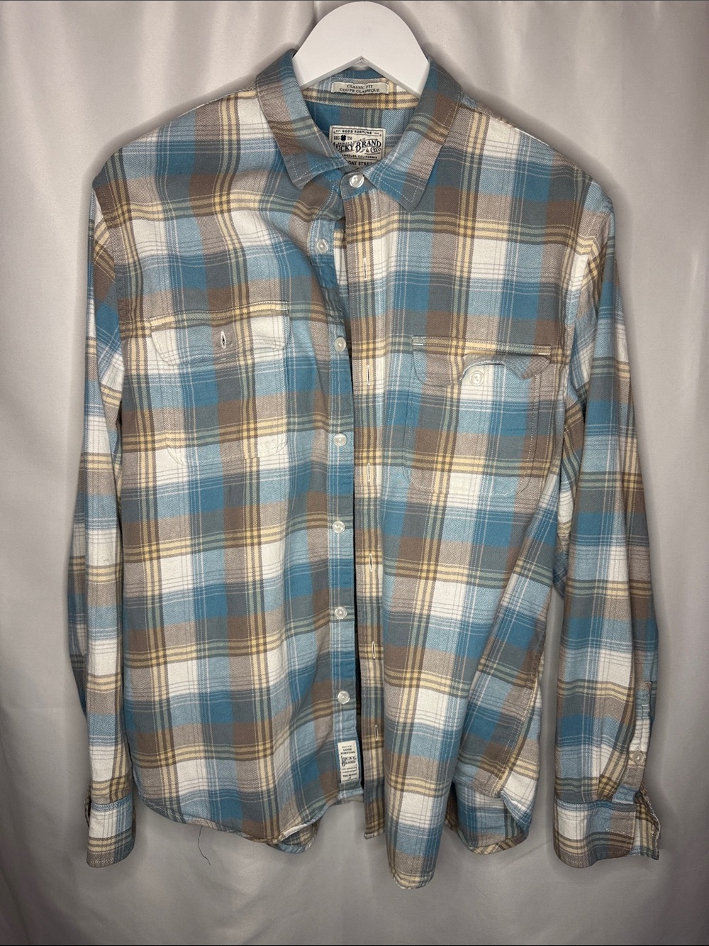 Lucky Brand Blue, Brown & White Plaid Button-Down Shirt large